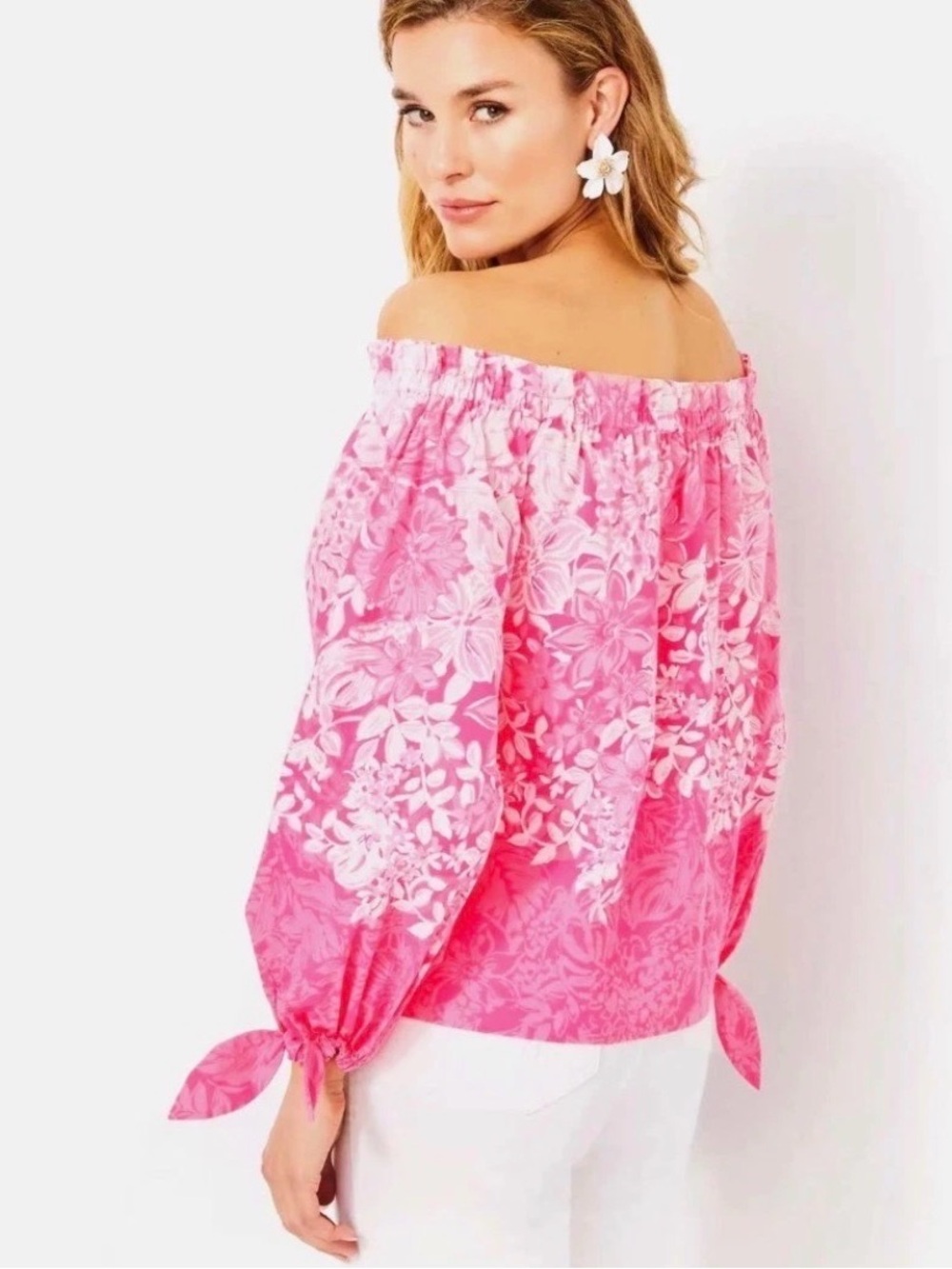 Lilly Pulitzer Pink Floral Off The Shoulder Cotton Blouse Tie Sleeve M NEW - Picture 2 of 6